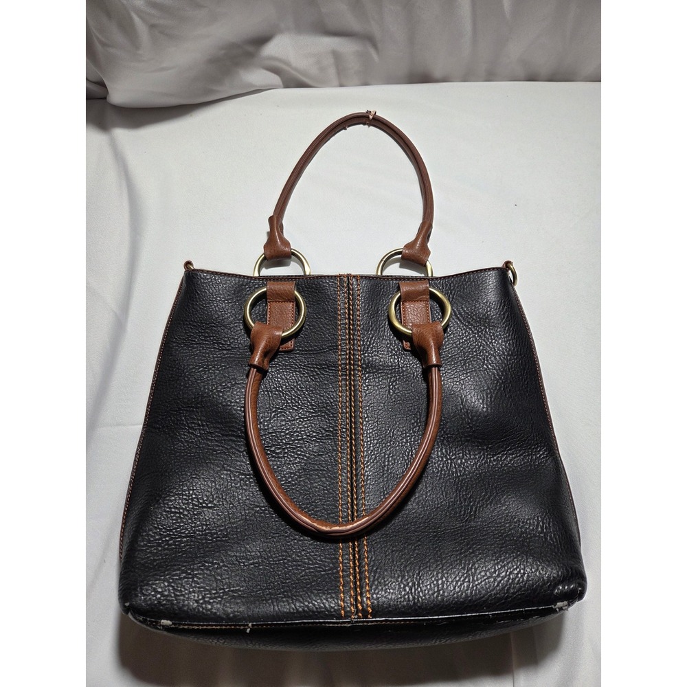 Zevar Black Pebbled Faux Leather Shoulder Bag Brown Trim Brass Hardware Tote